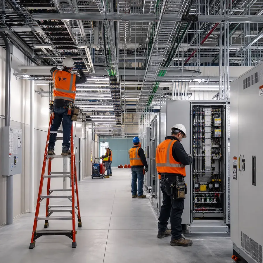 Equipo de electricistas en una instalación eléctrica industrial y comercial